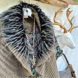 Alpaca vegan mink fur collar boho vest w cottage cabin longer cable knit vibe